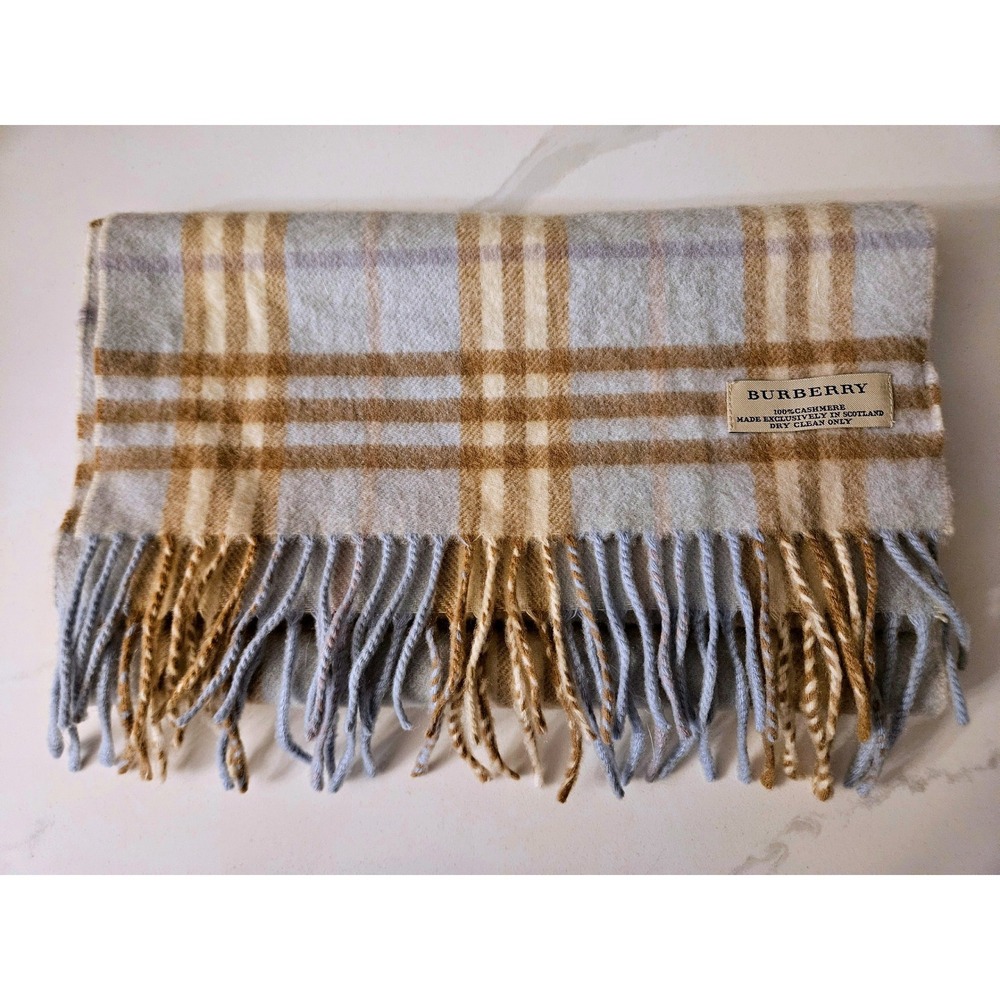 Burberry Scarf Unisex OS Light Blue Tan Excellent 100% Cashmere Made in Scotland